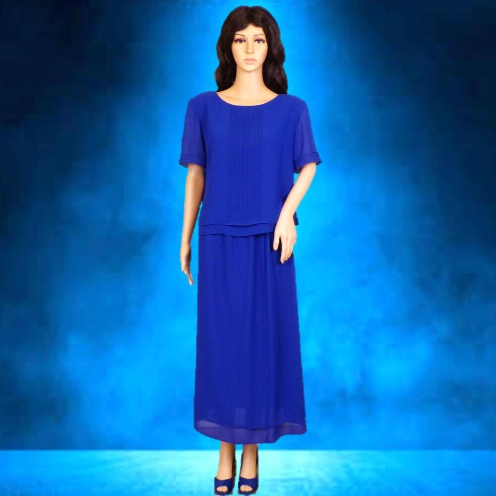 STUDIO I size 10 royal-blue 2-piece set blouse/skirt 100% polyester machine wash